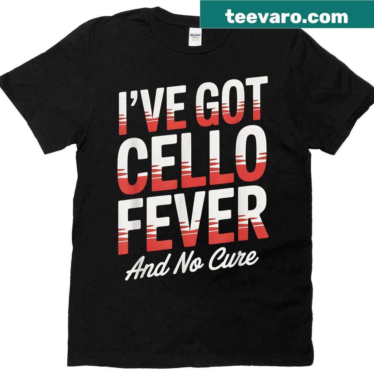 Funny cello player t-shirt with humorous text on cello fever — on a men's t-shirt
