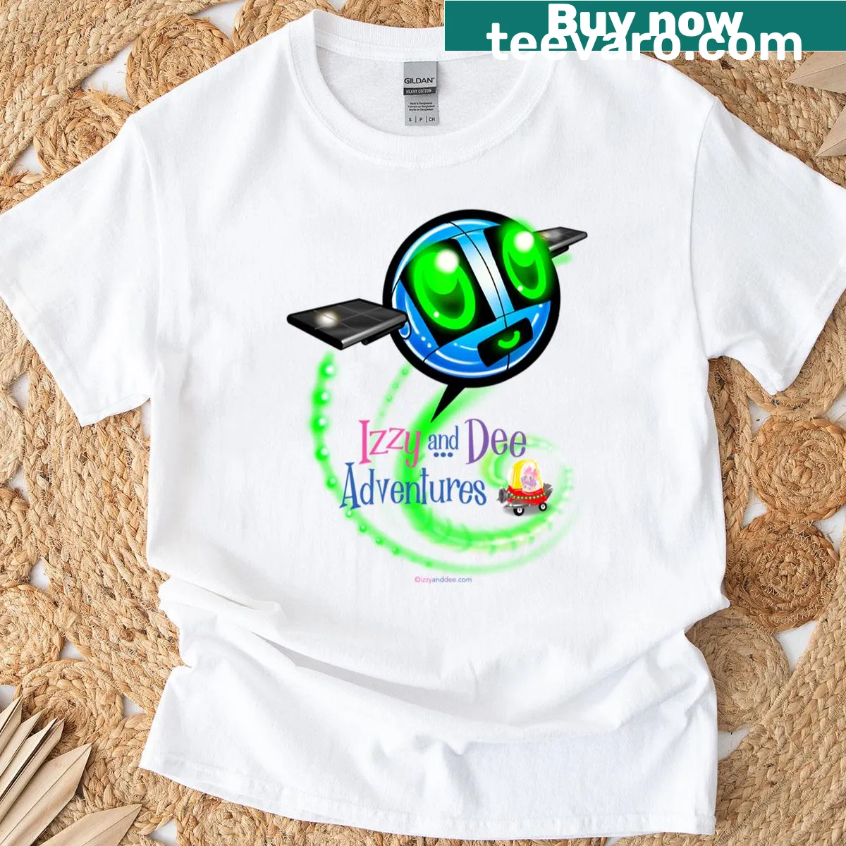 Illustrated t-shirt featuring characters from Izzy And Dee Adventures — on a men's t-shirt