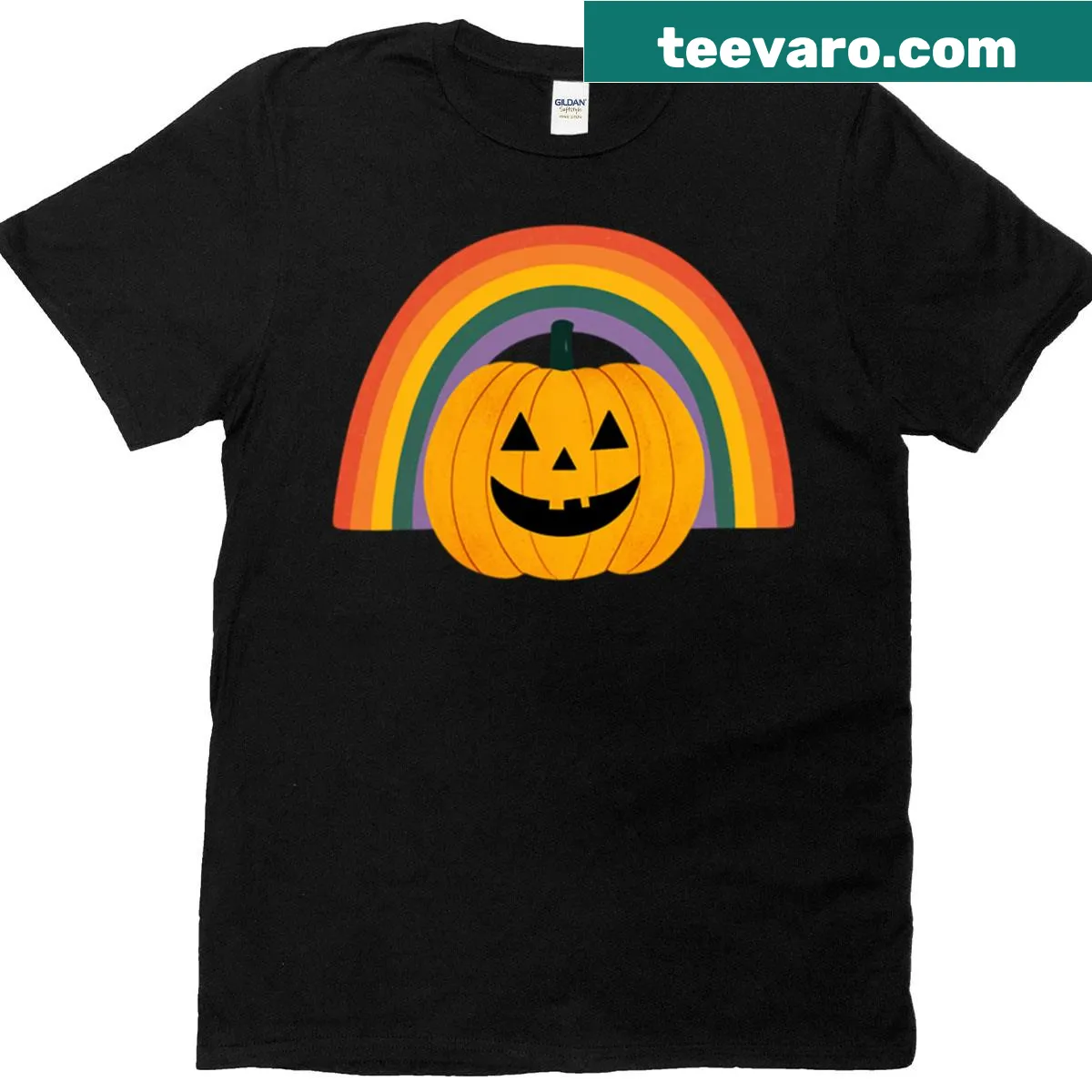 Playful Jack O' Lantern t-shirt with rainbow glow — on a men's t-shirt