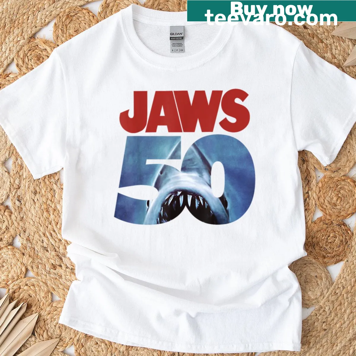 Graphic T-shirt featuring the iconic shark from Jaws movie — on a men's t-shirt