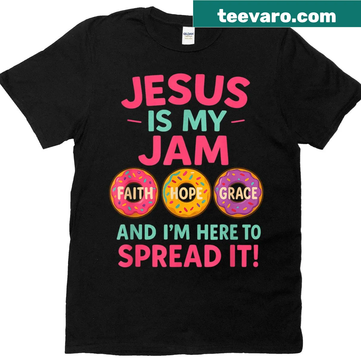 Wholesome t-shirt with a donut graphic and Jesus is my jam text — on a men's t-shirt