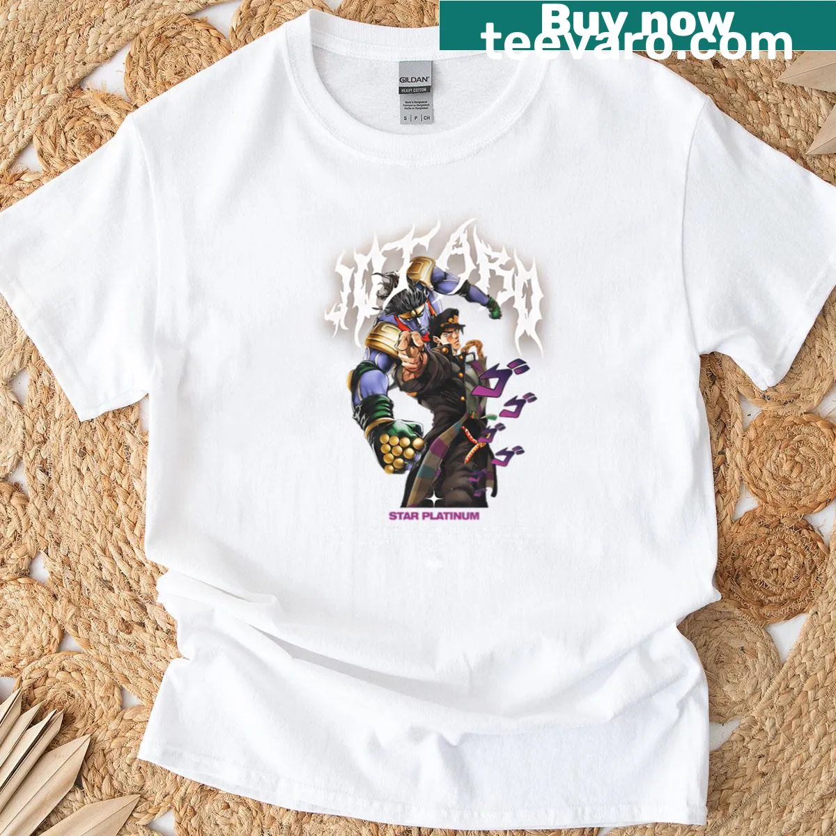 Jotaro Star Platinum themed graphic t-shirt — on a men's t-shirt