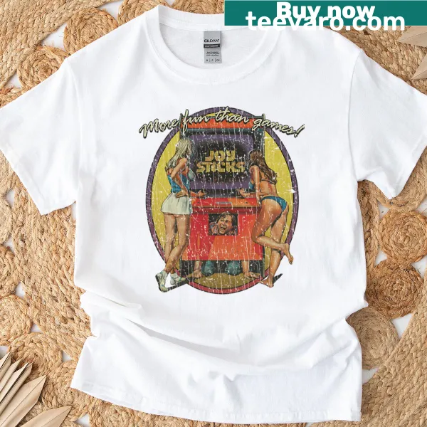 Retro t-shirt with playful gaming slogan 'Joysticks More Fun Than Games'