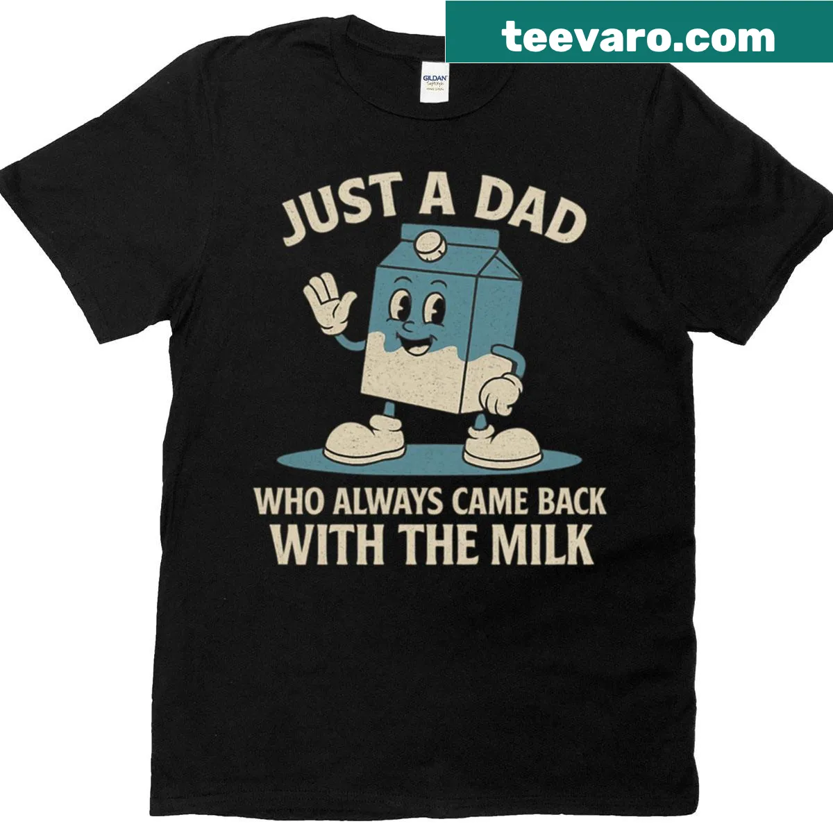 Retro cartoon design t-shirt featuring a dad with milk and playful text — on a men's t-shirt