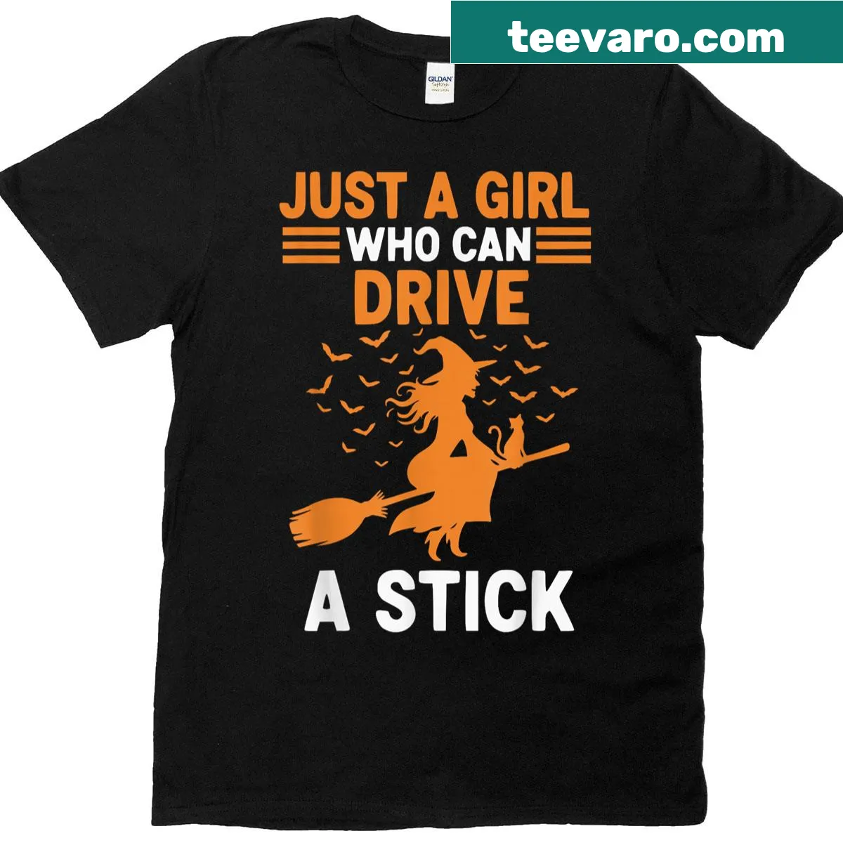 Funny Halloween T-shirt with 'Just A Girl Who Can Drive A Stick' text — on a men's t-shirt