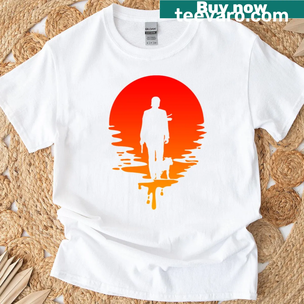 Illustrated sunset scene with Jwick and his dog on a T-shirt — on a men's t-shirt