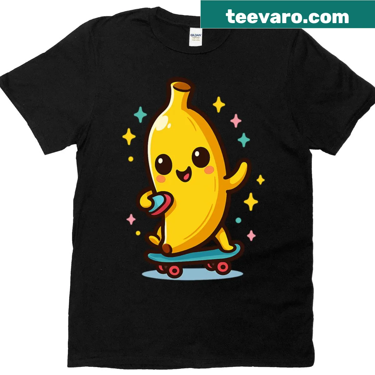 Cute cartoon banana on skateboard graphic for kids' T-shirt — on a men's t-shirt