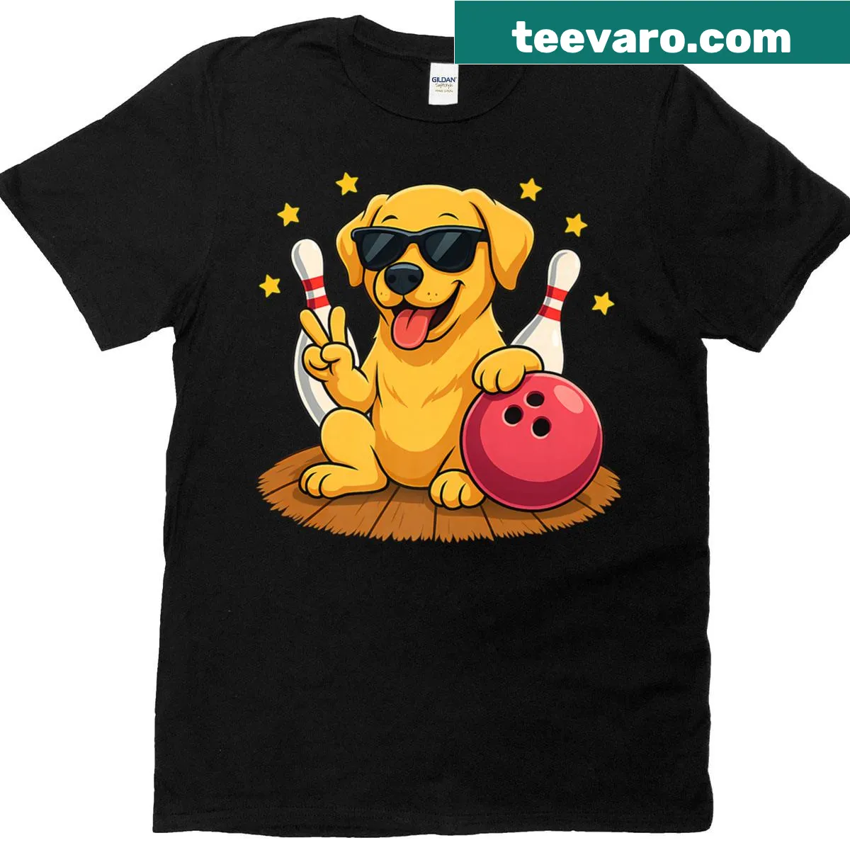 Kawaii Labrador Retriever wearing sunglasses and bowling graphic — on a men's t-shirt