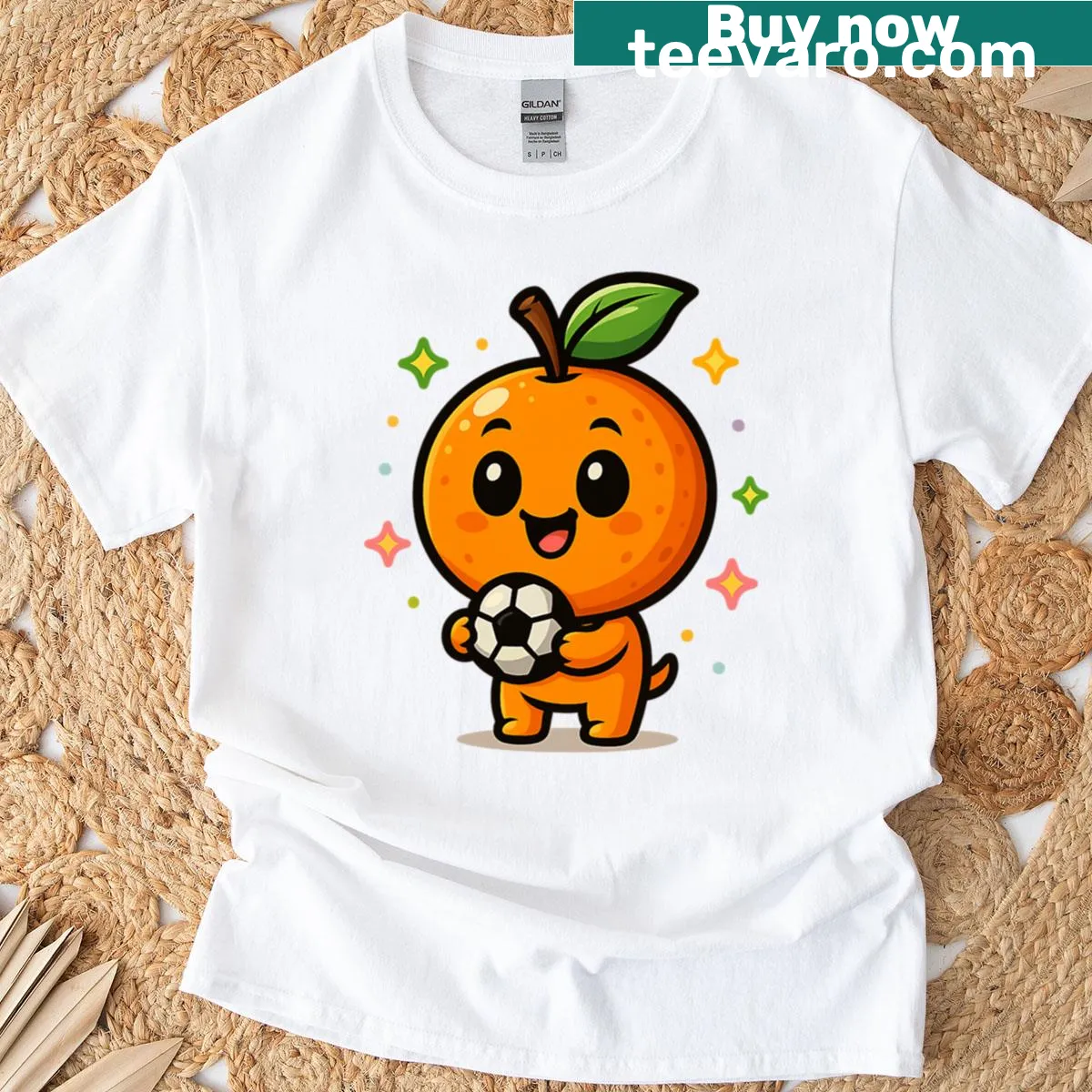 Kawaii t-shirt with a cute orange character and soccer ball — on a men's t-shirt