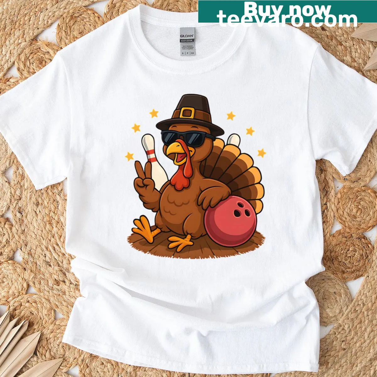 Cute turkey bowling graphic t-shirt for Thanksgiving — on a men's t-shirt