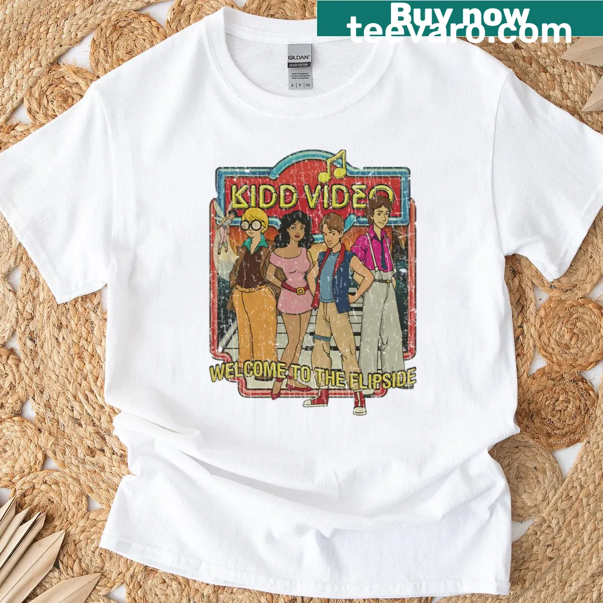 Kidd Video themed t-shirt with graphic elements from the show — on a men's t-shirt