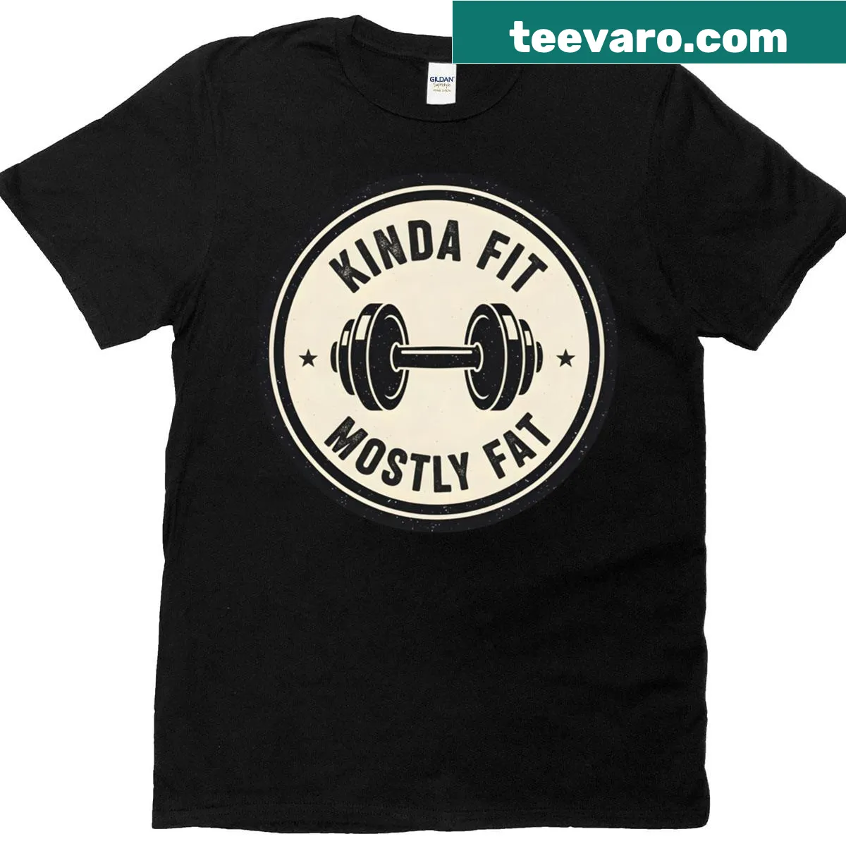 Funny gym T-shirt with 'Kinda Fit Mostly Fat' sarcastic saying. — on a men's t-shirt