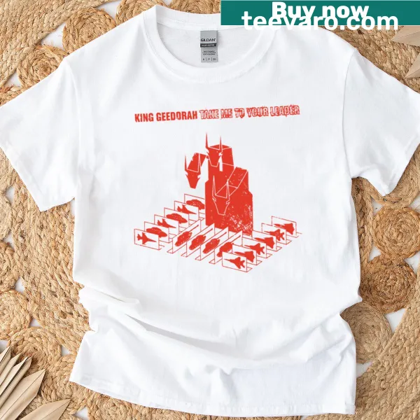 Red t-shirt featuring King Geedorah graphic with Take Me To Your Leader text