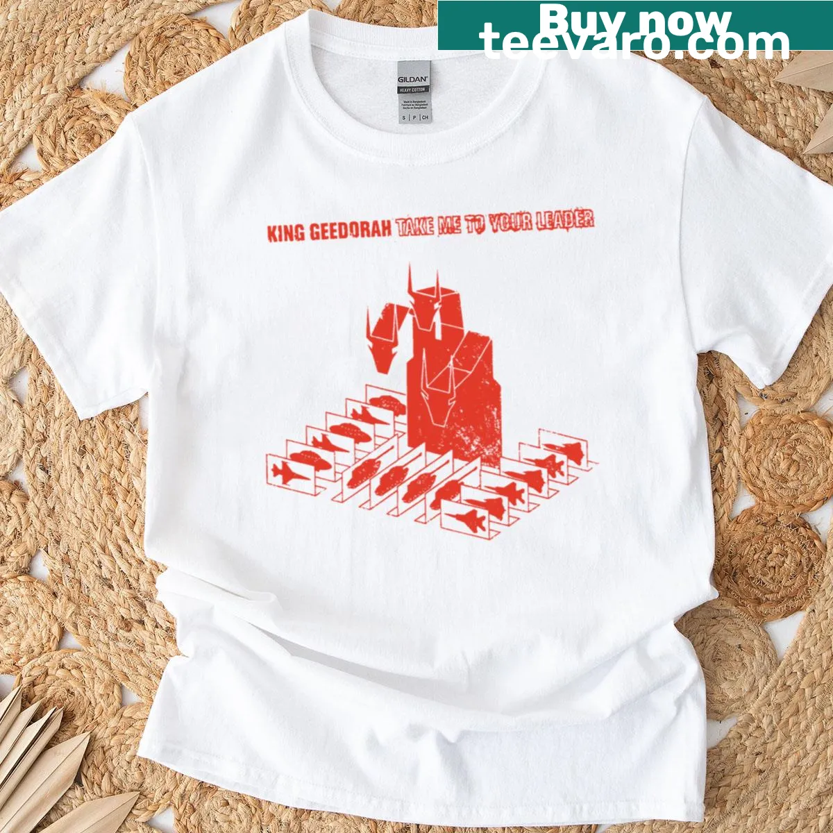 Red t-shirt featuring King Geedorah graphic with Take Me To Your Leader text — on a men's t-shirt