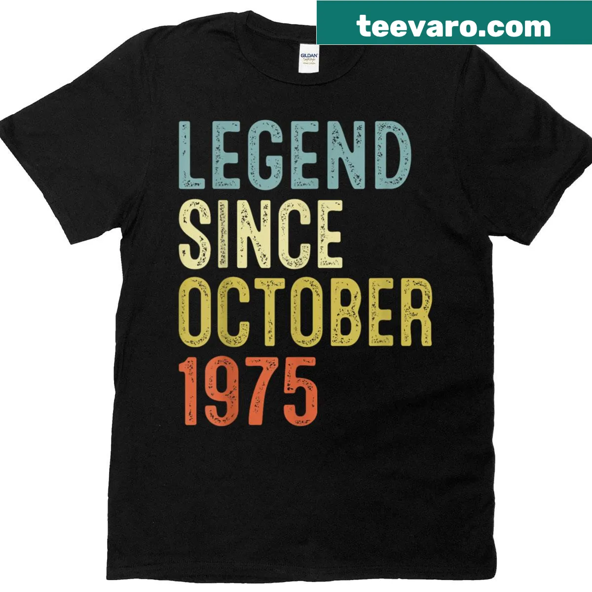 T-shirt celebrating 50th birthday with 'Legend Since October 1975' text — on a men's t-shirt