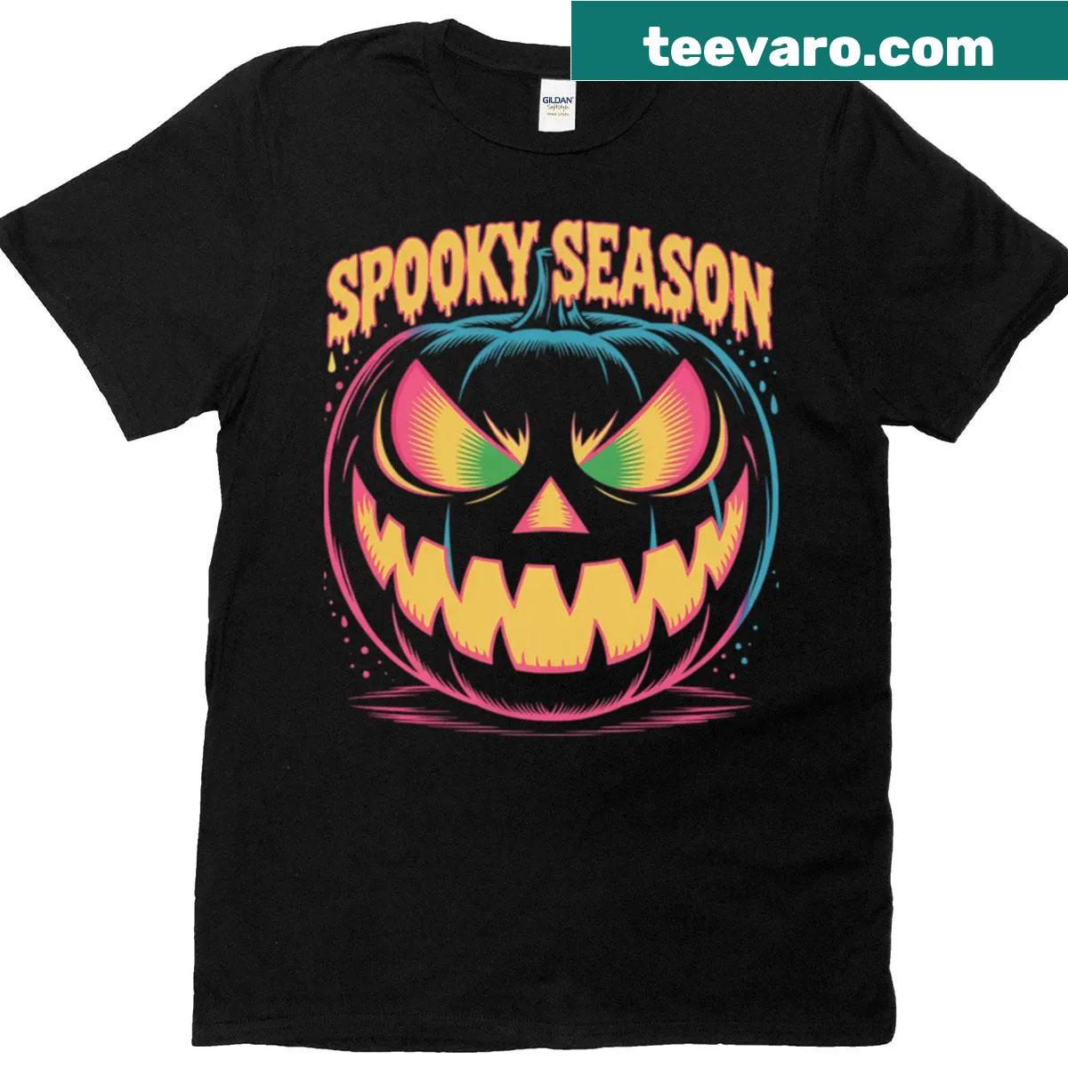 LGBT-themed Halloween t-shirt with rainbow pumpkin illustration. — on a men's t-shirt