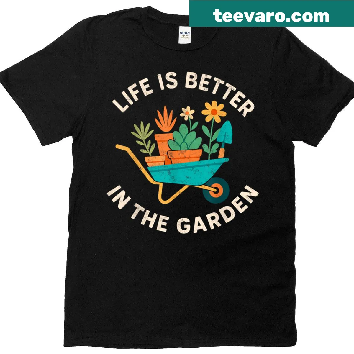 Wholesome gardening T-shirt with the message 'Life Is Better In The Garden.' — on a men's t-shirt