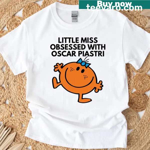 Illustrative T-shirt featuring Little Miss character obsessed with Oscar Piastri