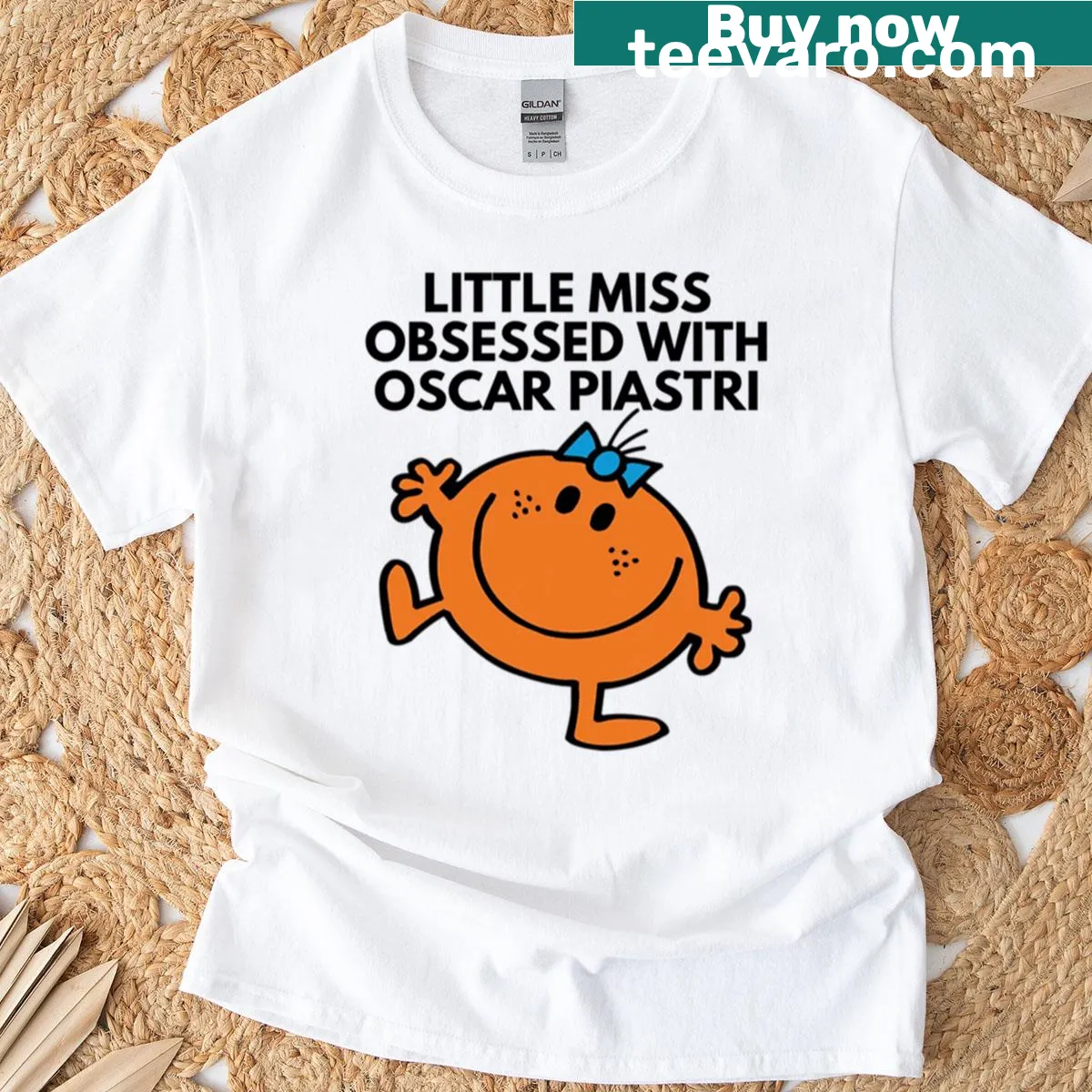 Illustrative T-shirt featuring Little Miss character obsessed with Oscar Piastri — on a men's t-shirt