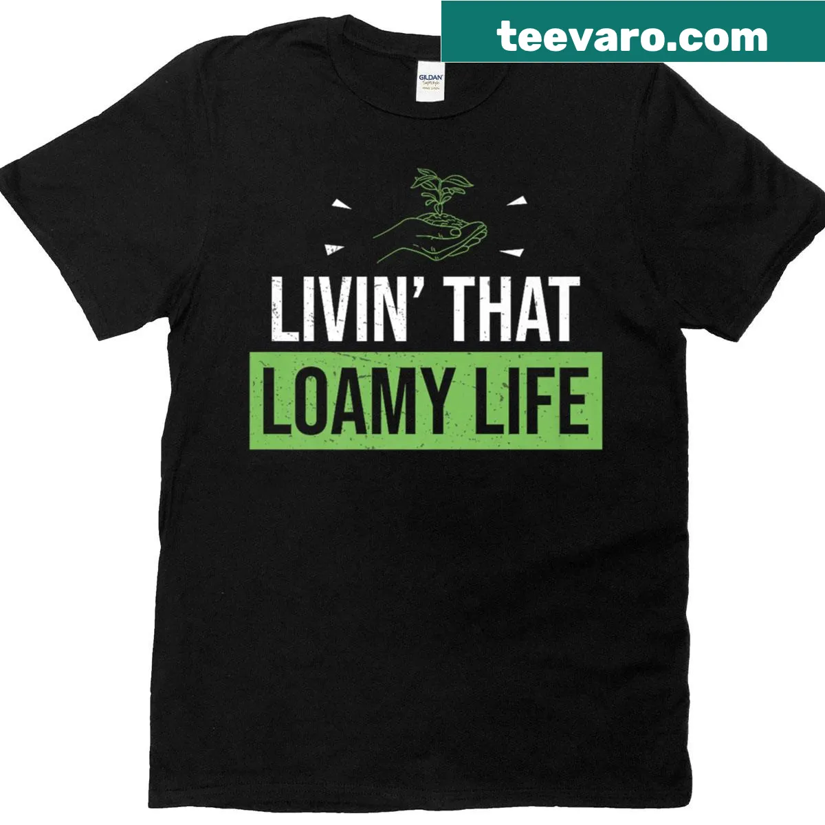 Funny agriculture-themed T-shirt with loamy life graphic — on a men's t-shirt