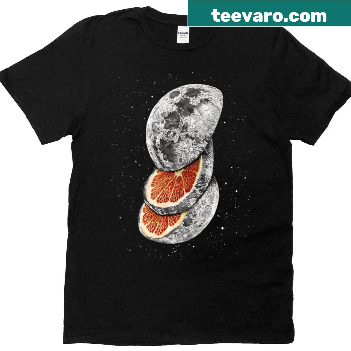 Whimsical lunar fruits graphic on t-shirt — on a men's t-shirt