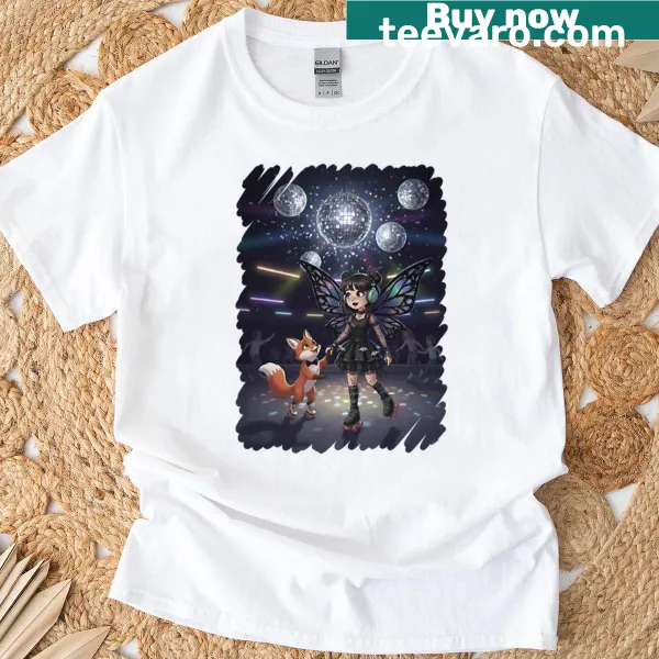 Cartoon T-shirt featuring a fancy fox roller skating in a disco