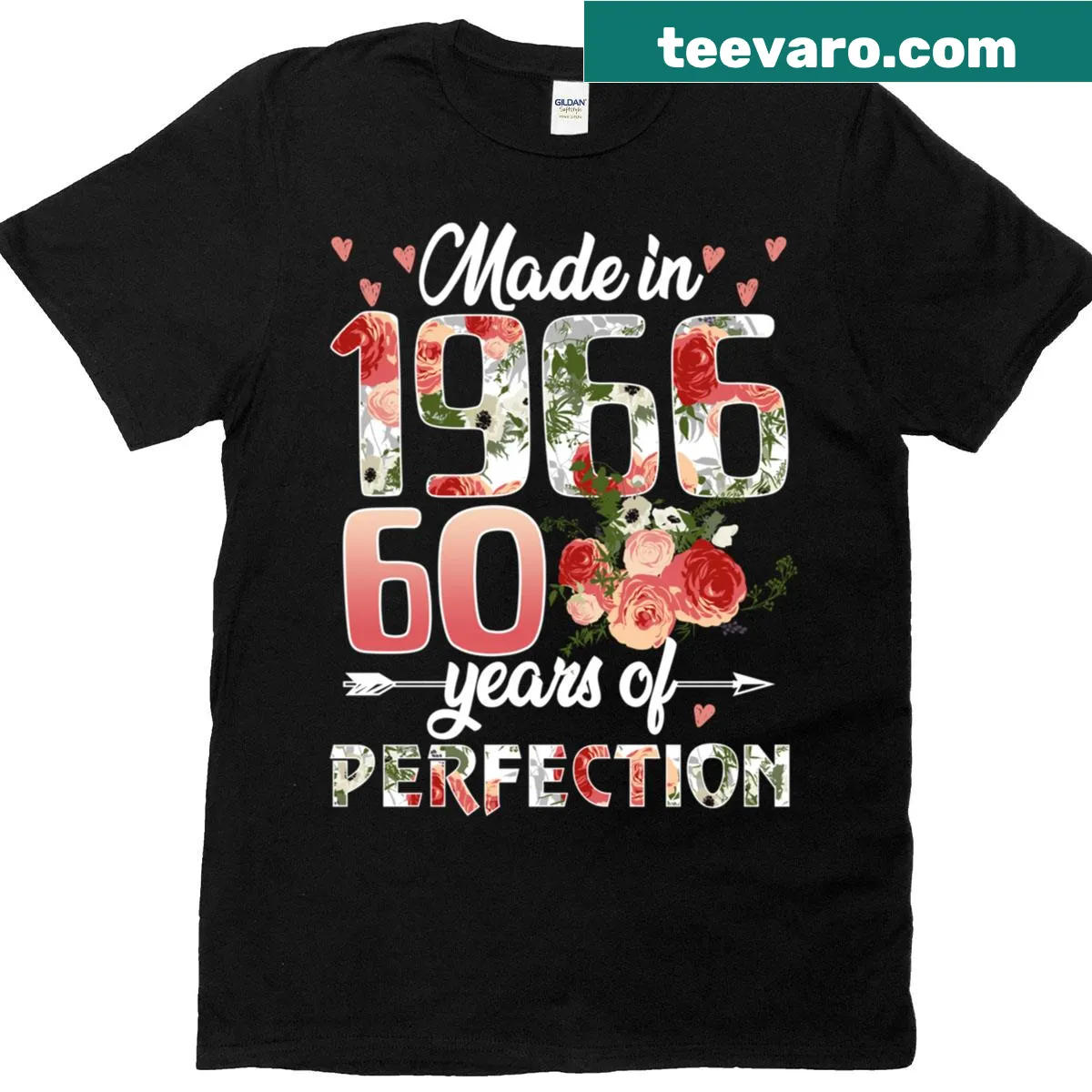 Vintage-style floral design shirt with 'Made In 1966' text — on a men's t-shirt