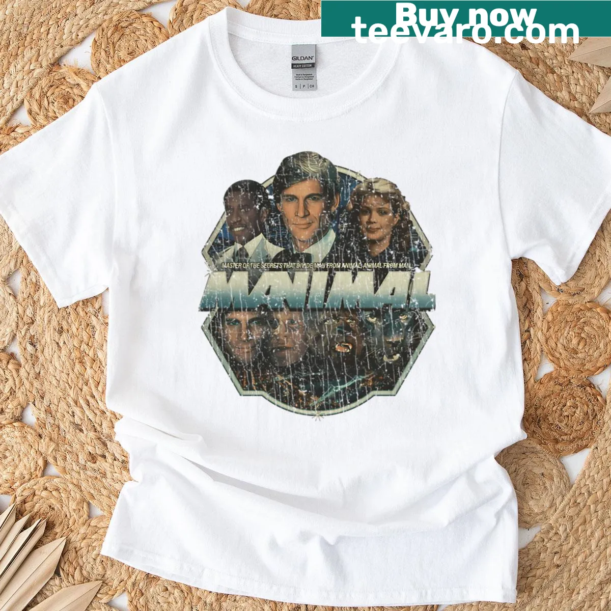 Vintage distressed Manimal 1983 t-shirt with iconic logo — on a men's t-shirt