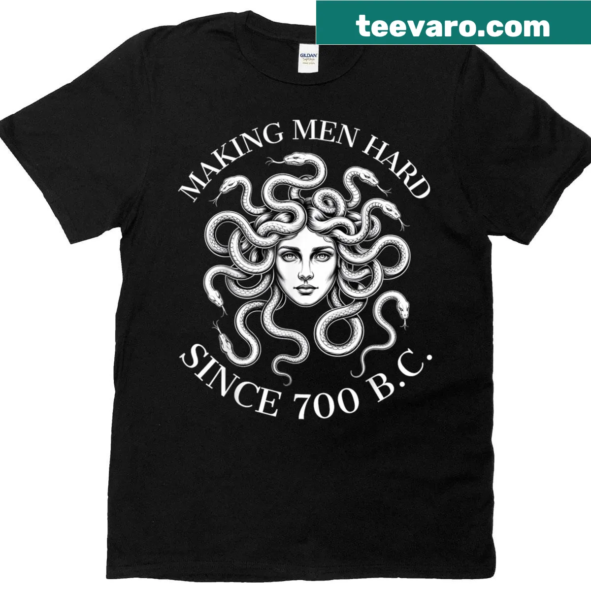 Funny Medusa graphic T-shirt with humorous text about Greek mythology — on a men's t-shirt