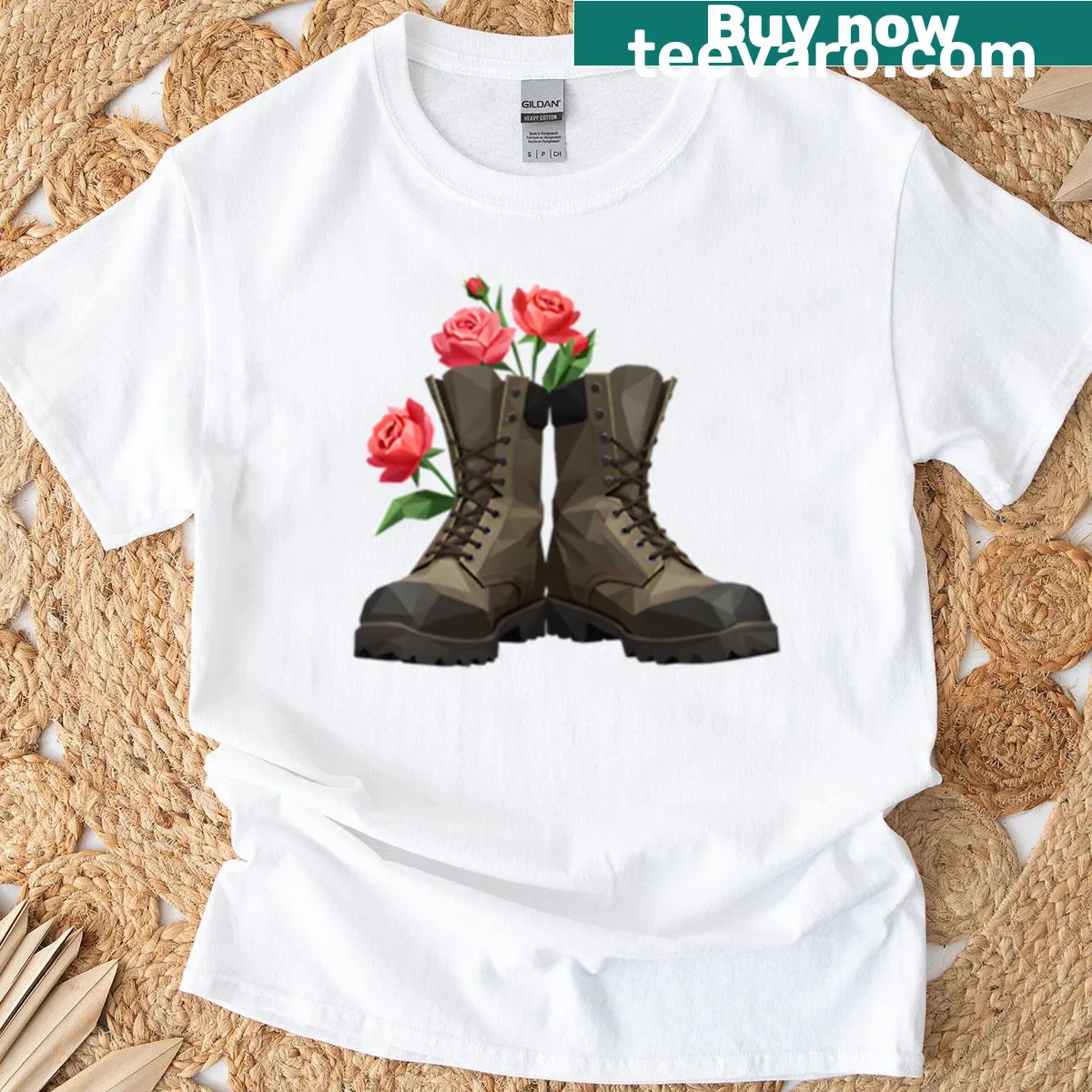 Vintage military boots and roses design for Memorial Day — on a men's t-shirt