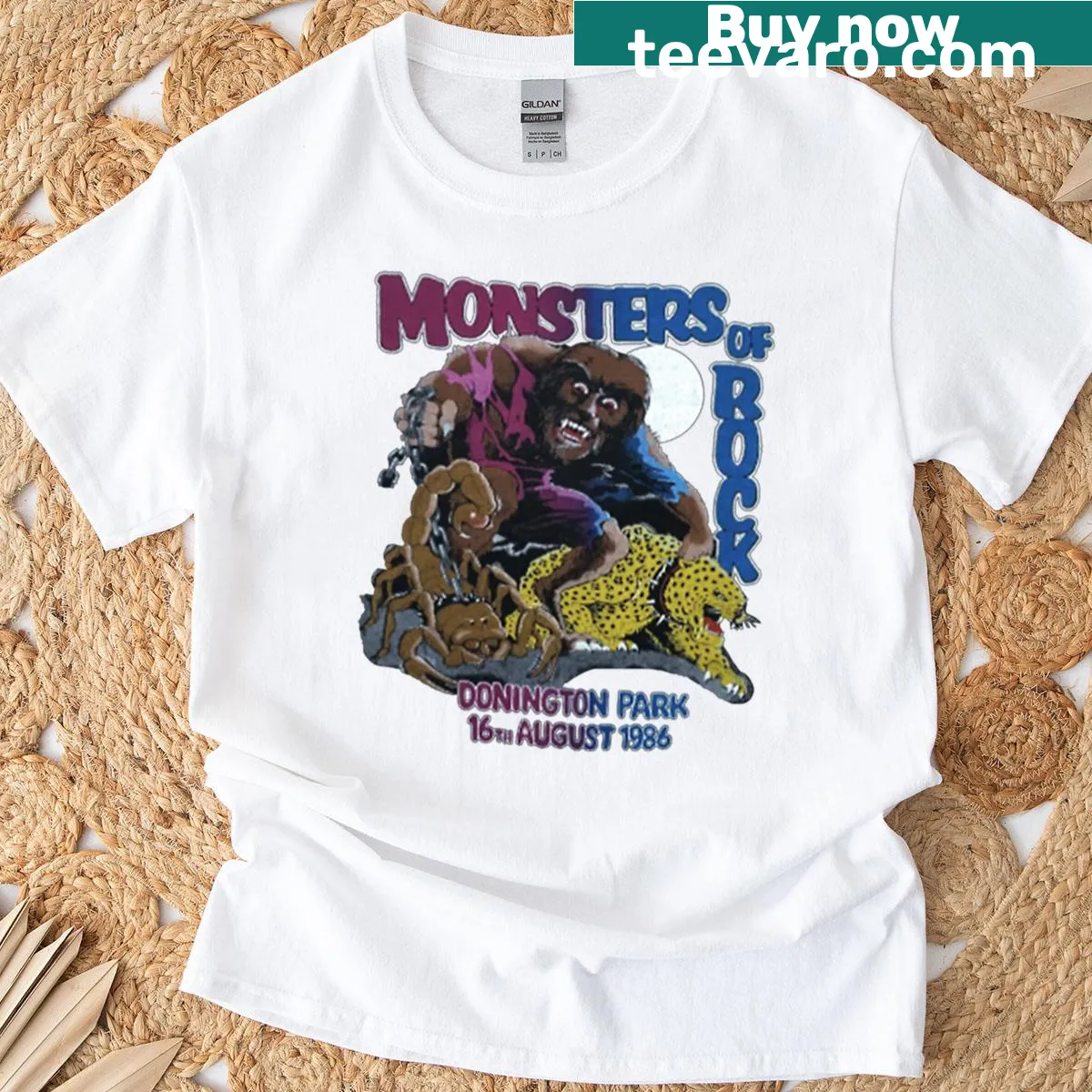 Vintage distressed t-shirt with 'Monsters of Rock' theme — on a men's t-shirt