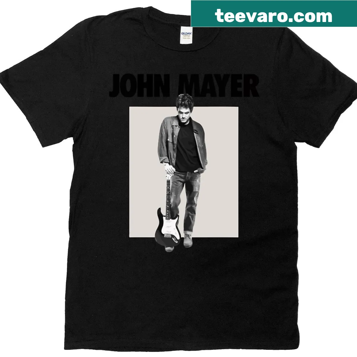 Illustrative graphic tee featuring guitars inspired by John Mayer — on a men's t-shirt