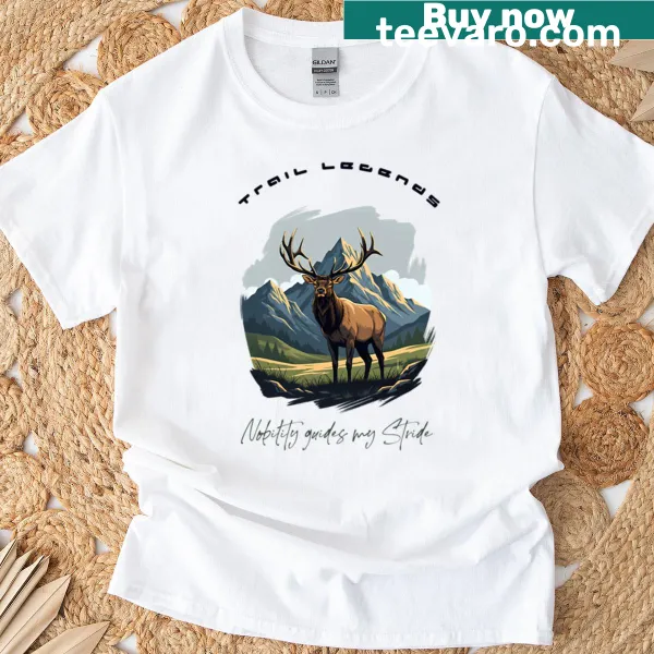 Illustration of a moose running on a mountain trail with trees