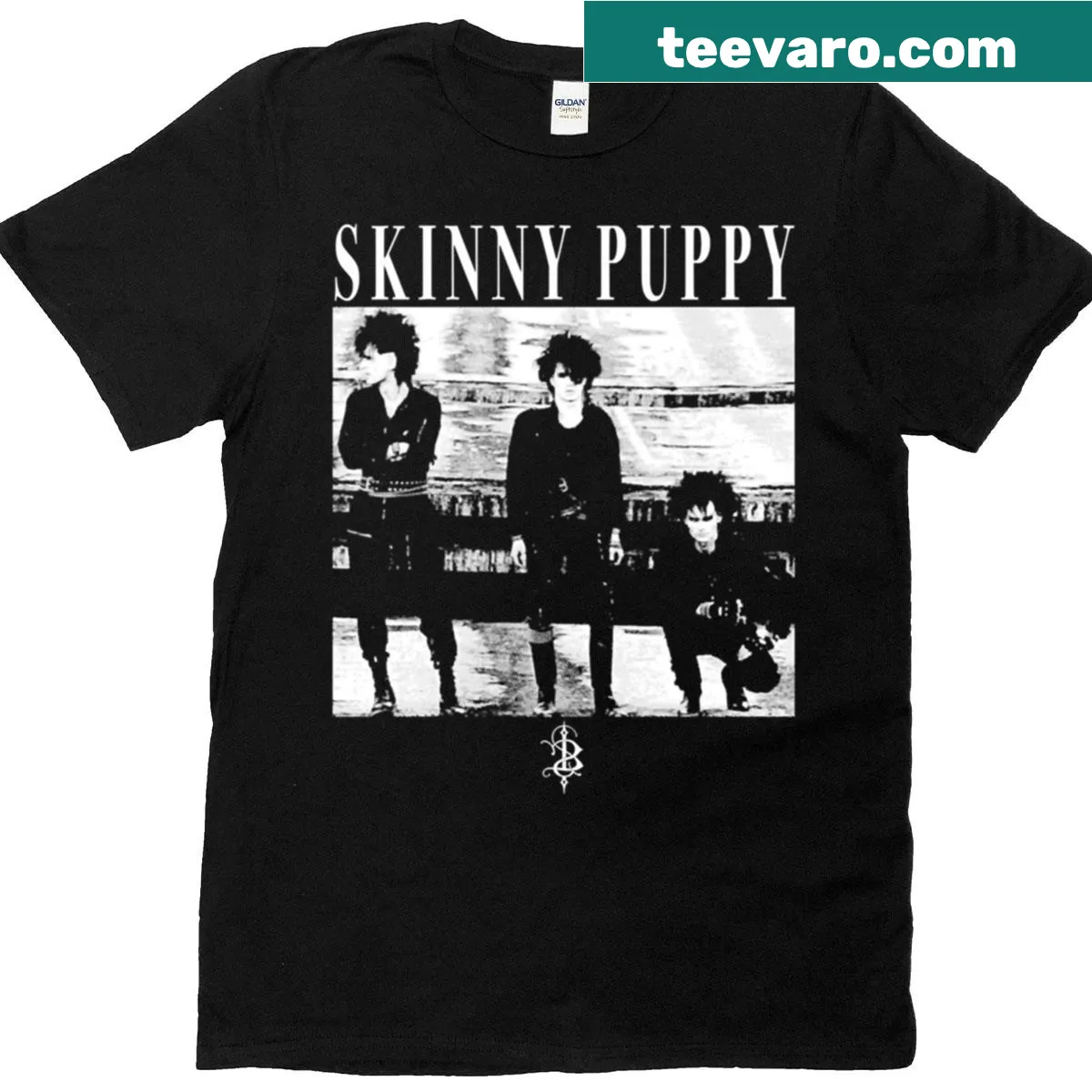 Cute graphic of a dog playing guitar in retro style — on a men's t-shirt