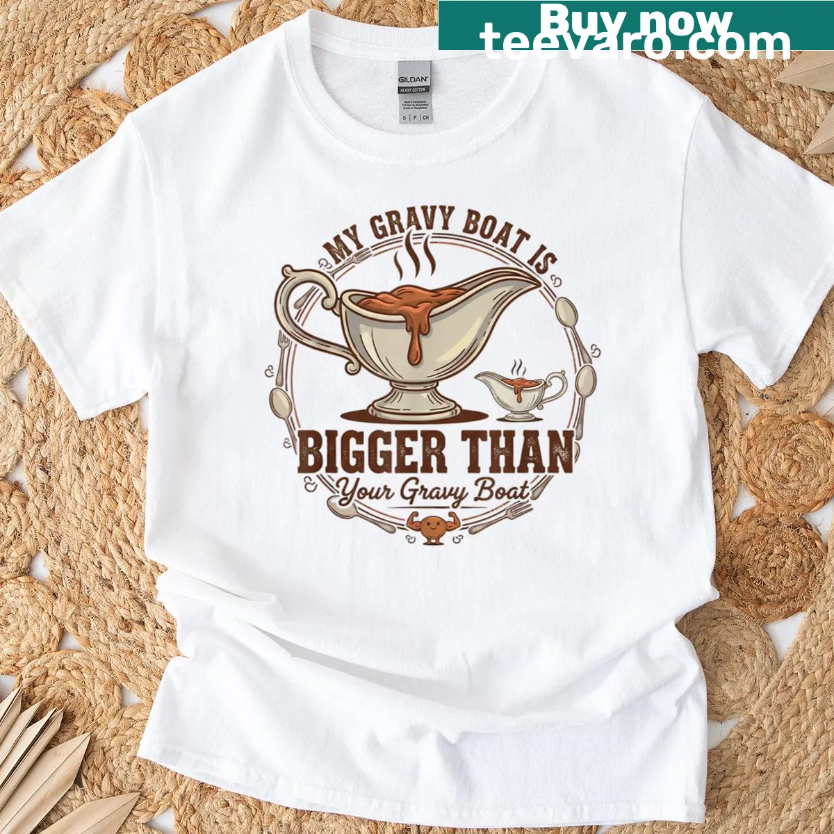 Funny Thanksgiving t-shirt with gravy boat graphic and text — on a men's t-shirt