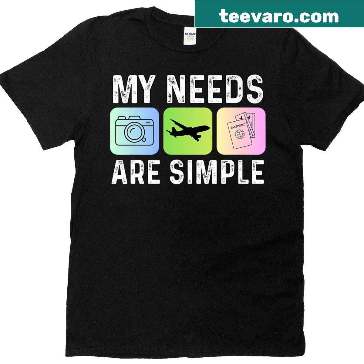 Travel-themed t-shirt with airplane and passport graphics — on a men's t-shirt