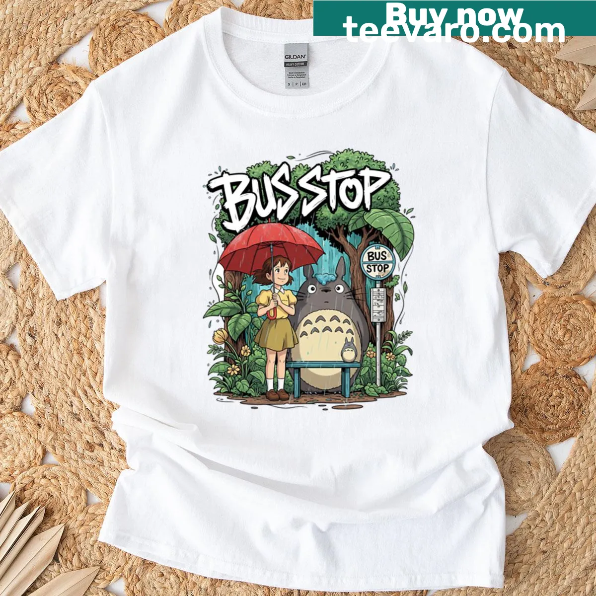Illustration of Totoro at a bus stop on a T-shirt — on a men's t-shirt