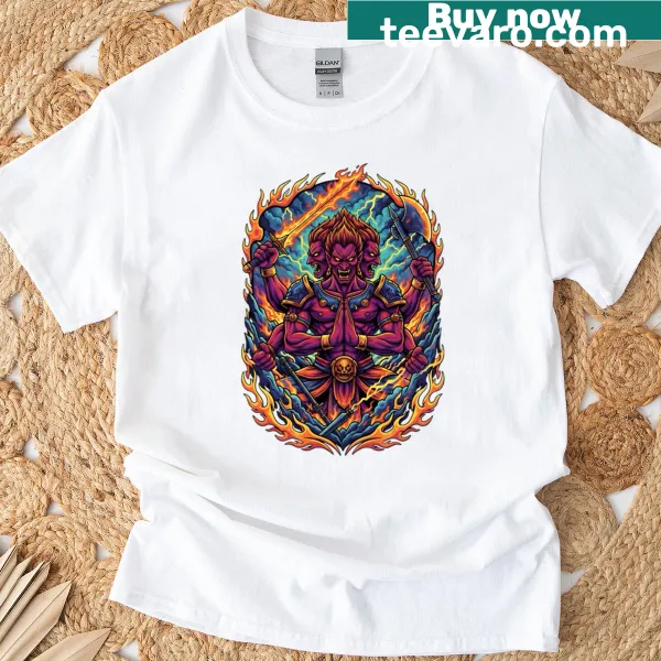 Illustration of Ashura figure with cosmic elements on T-shirt
