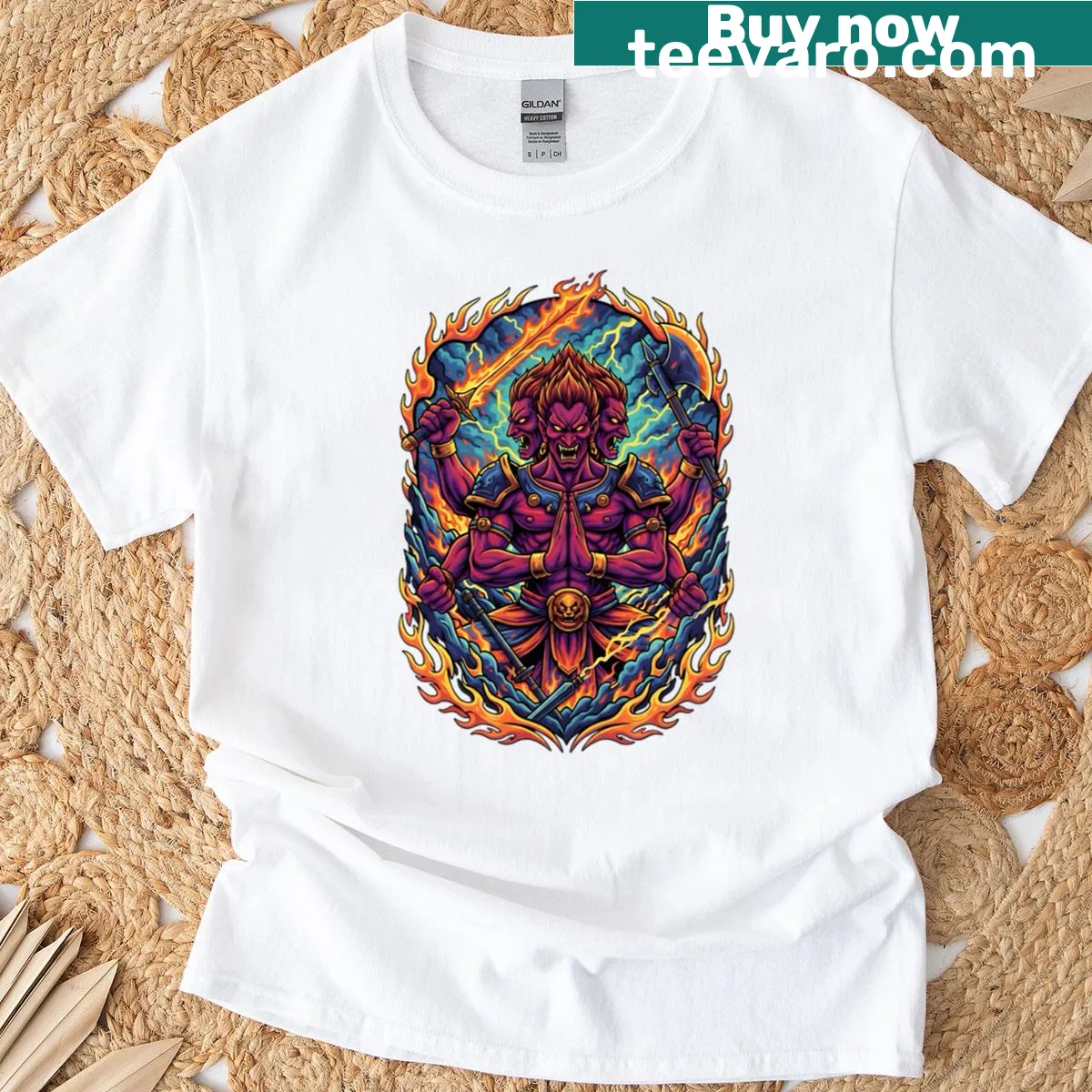 Illustration of Ashura figure with cosmic elements on T-shirt — on a men's t-shirt