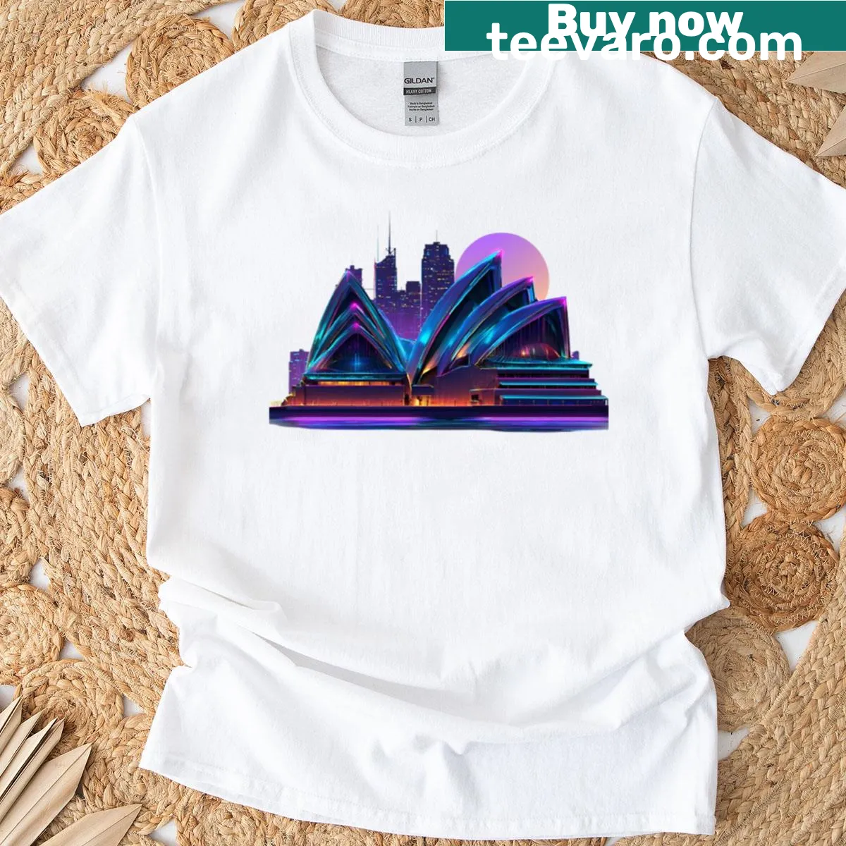 Stylized Sydney Opera House with a cyberpunk skyline design — on a men's t-shirt