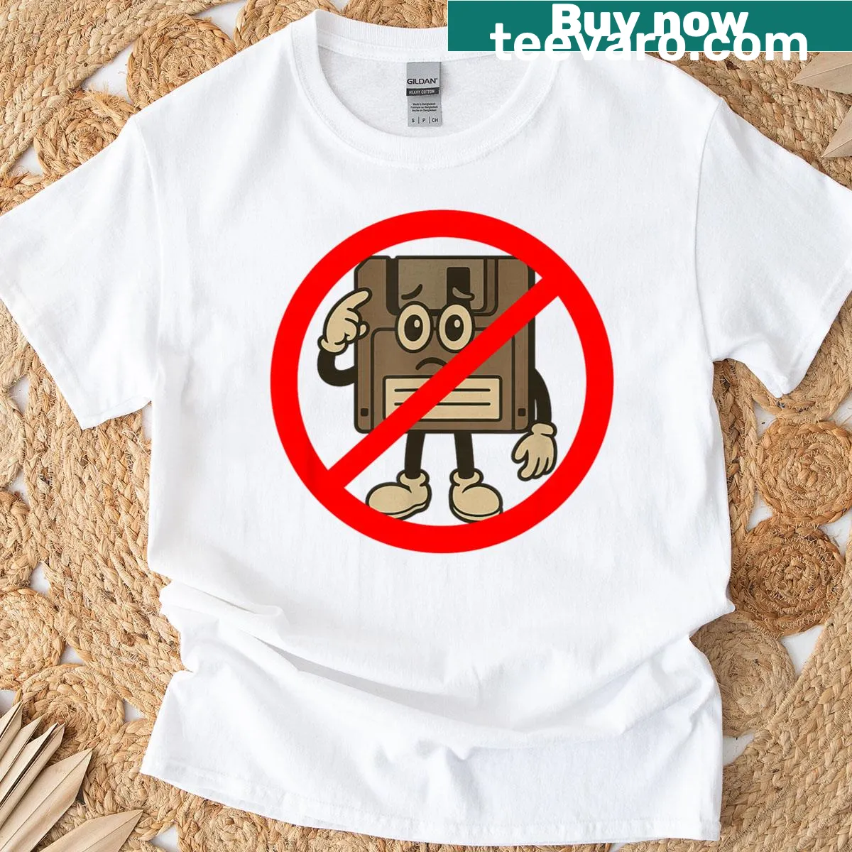 Funny T-shirt with a retro computer graphic about floppy disks — on a men's t-shirt