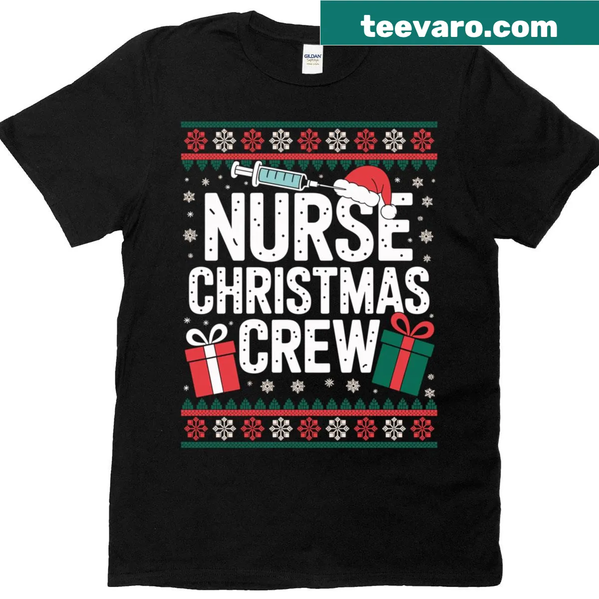 Holiday-themed t-shirt with 'Nurse Christmas Crew' text in a festive font — on a men's t-shirt