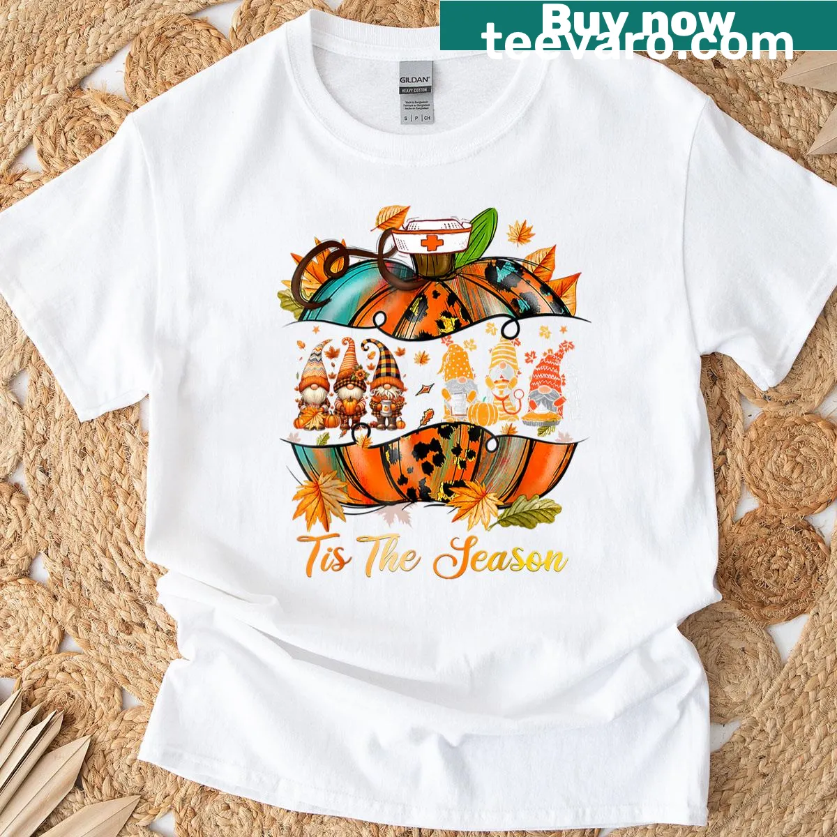 Cute autumn-themed T-shirt for nurses featuring gnomes and pumpkins — on a men's t-shirt