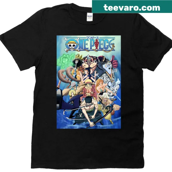 Illustrated T-shirt featuring characters from One Piece anime