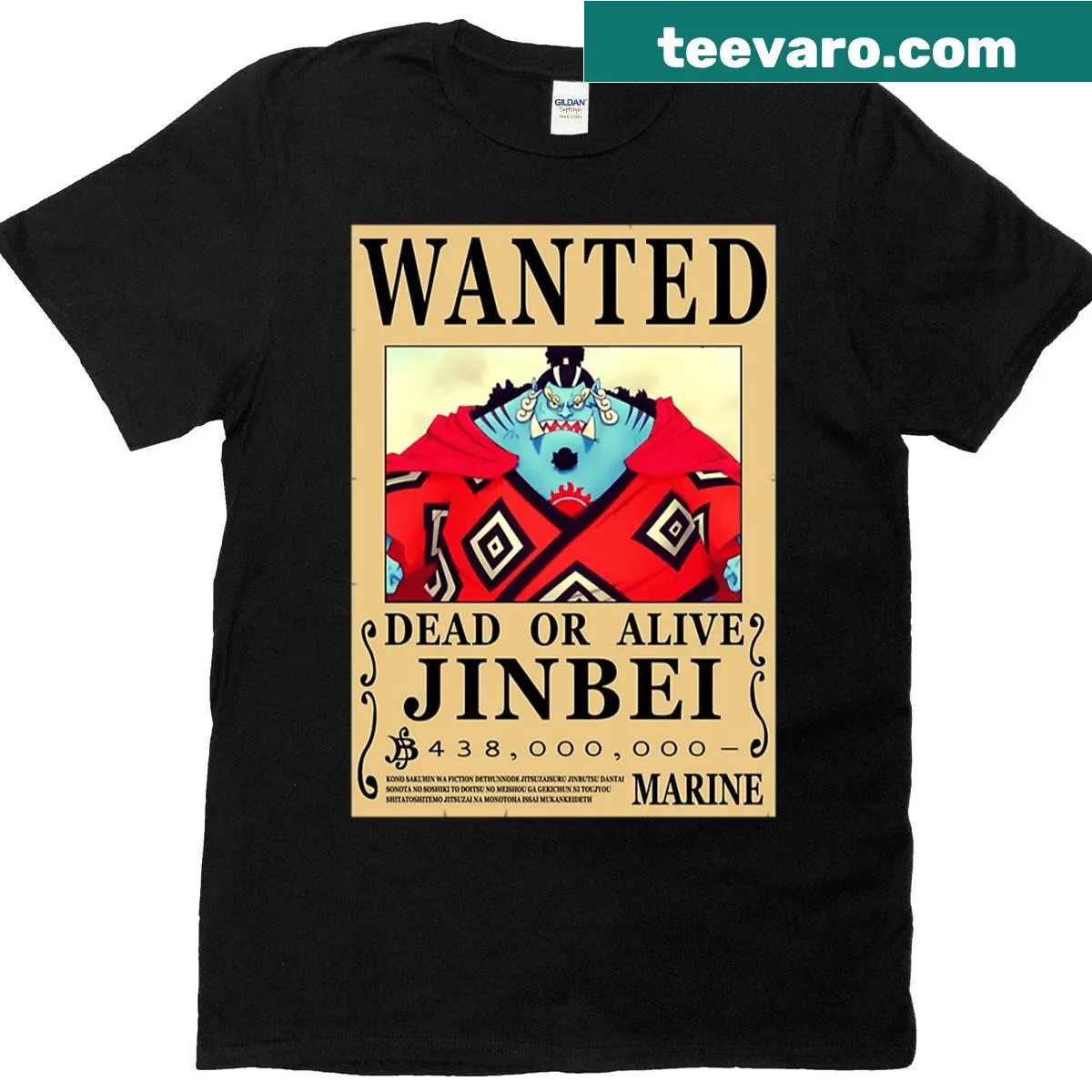 One Piece Jinbei wanted poster t-shirt with bold graphic — on a men's t-shirt