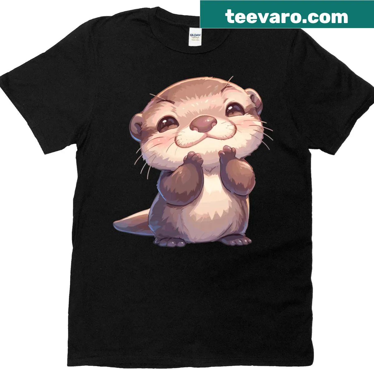 T-shirt with cartoon otters illustrated in a playful design. — on a men's t-shirt