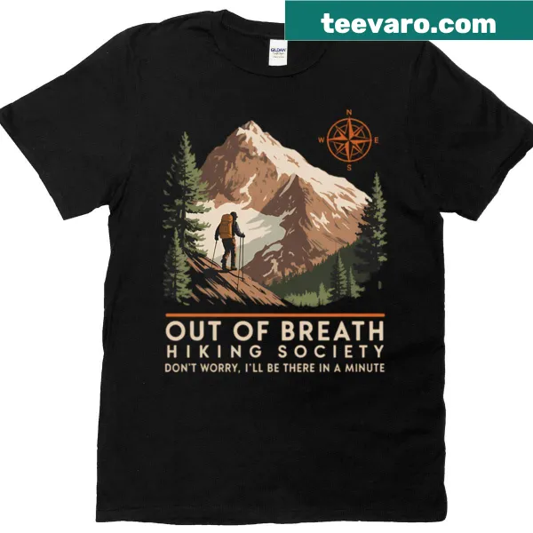 T-shirt featuring hiking-themed typography and nature-inspired graphics.