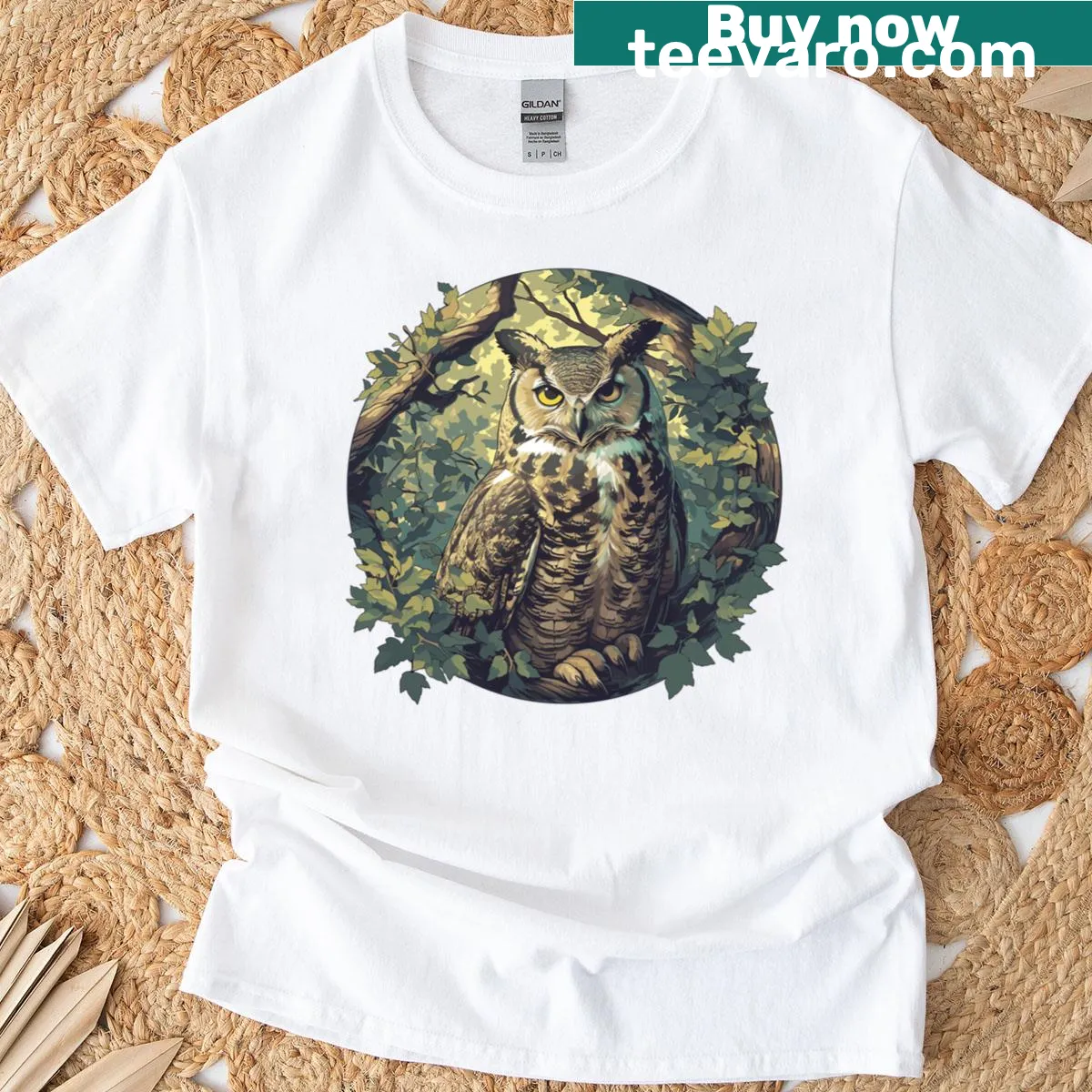 Charming illustrated owls graphic on a nature-themed shirt — on a men's t-shirt