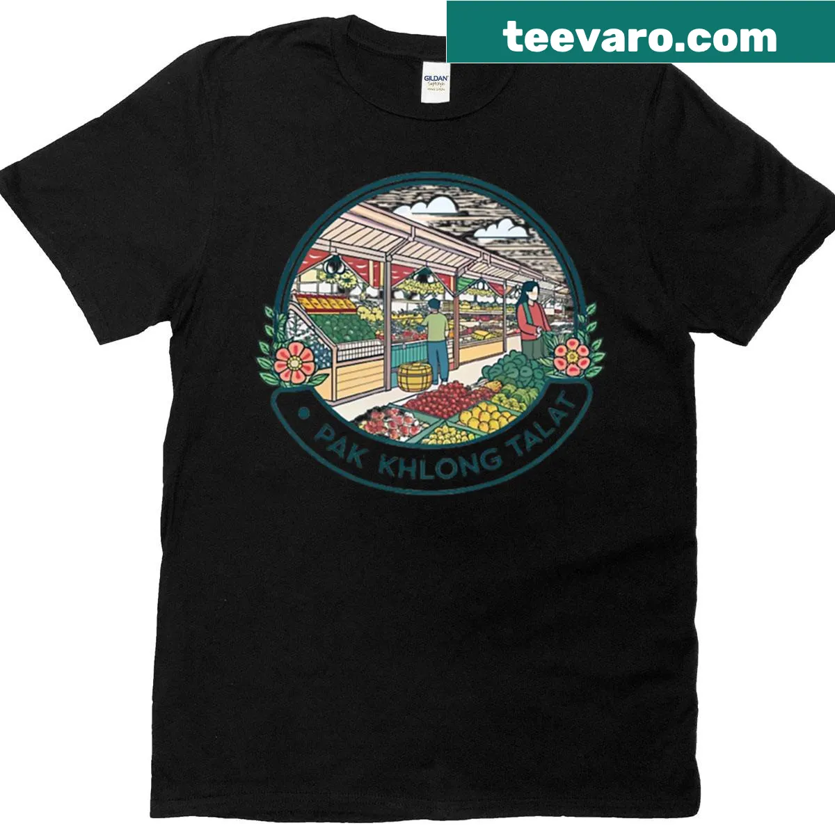 Illustrated T-shirt featuring flowers inspired by Pak Khlong Talat market — on a men's t-shirt