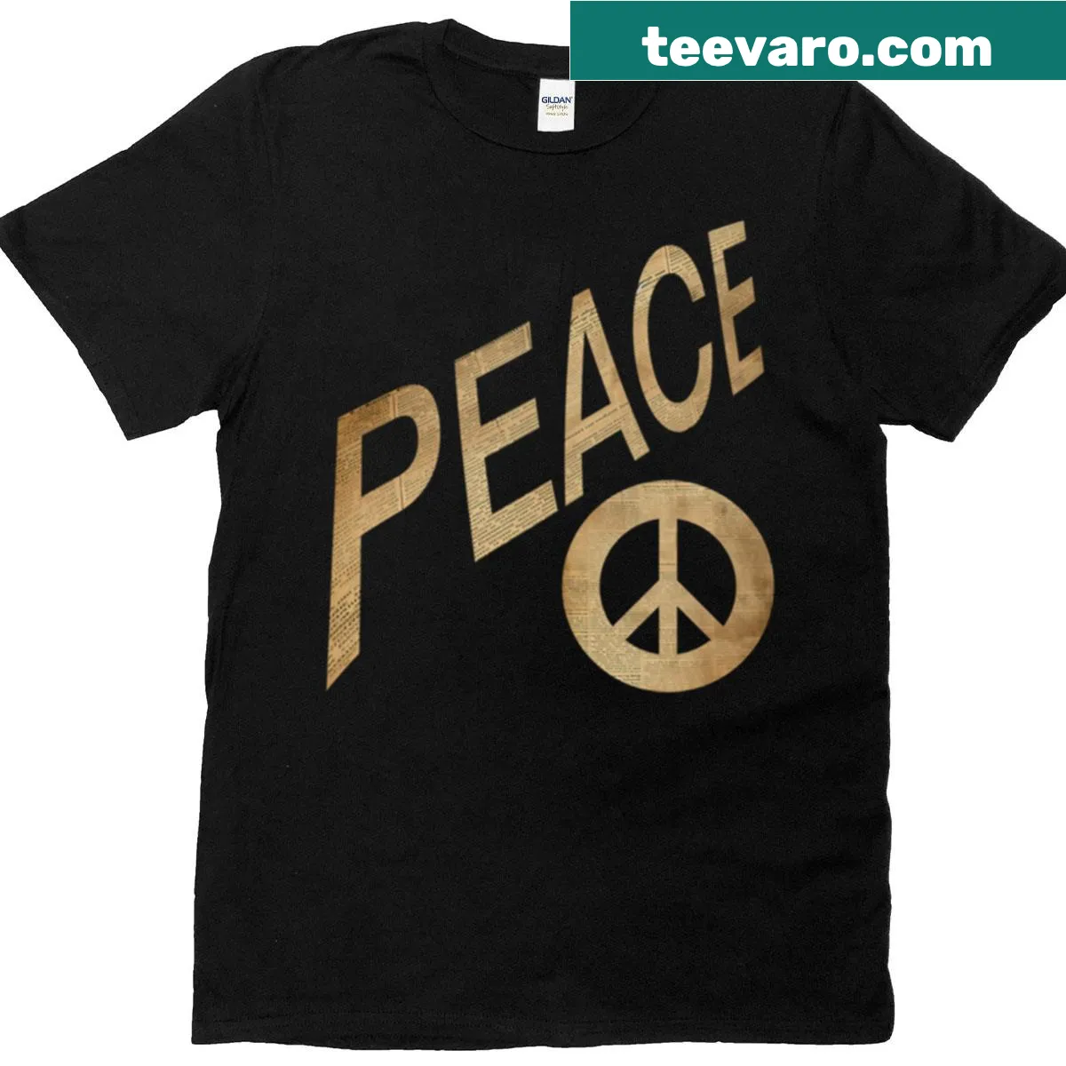 T-shirt featuring a peace sign and text design — on a men's t-shirt